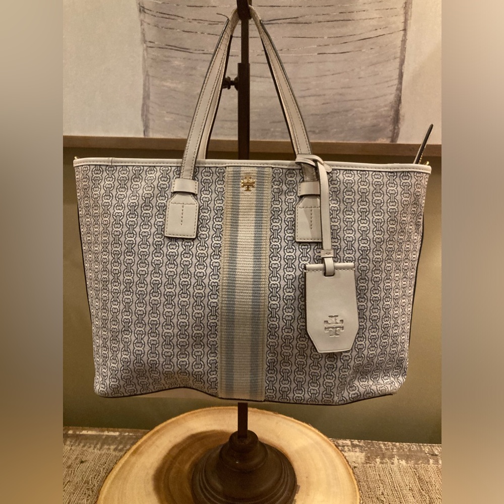 Tory Burch Gemini Link Coated Canvas White Leather Tote Bag Crossbody Strap